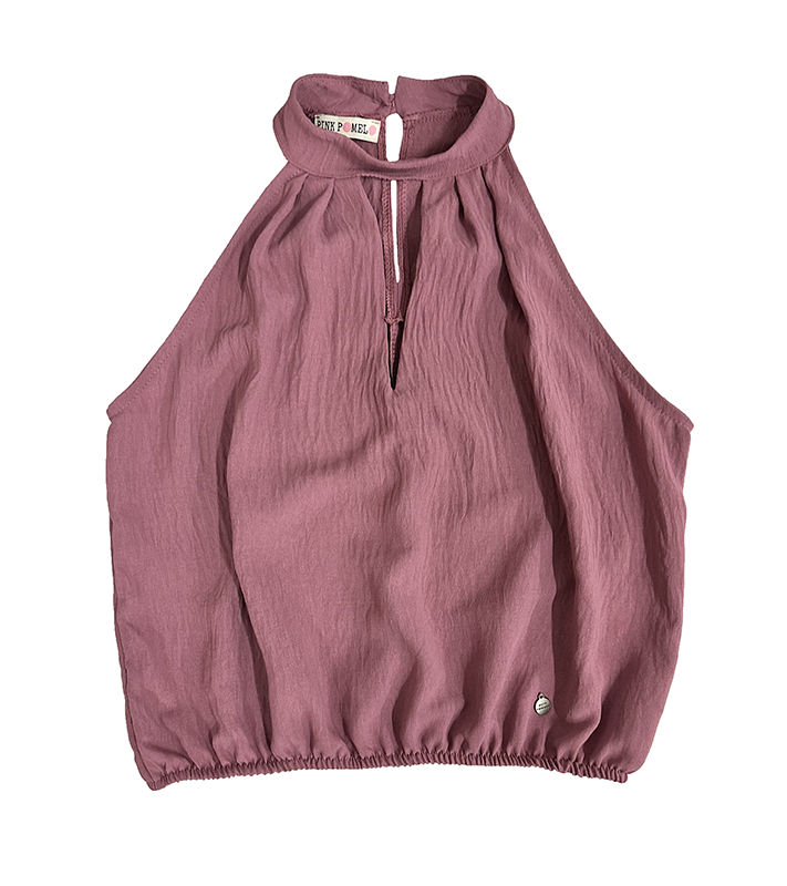 Blusa rosa sin mangas con pieza de cuello cerrado con botón detrás y abertura en escote. Goma elástica en la cintura.
