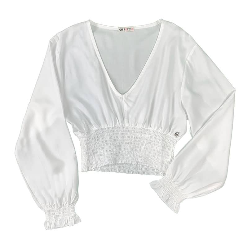 BLUSA CORTA ML FRUNCIDA BLANCA|Pinkpomelo