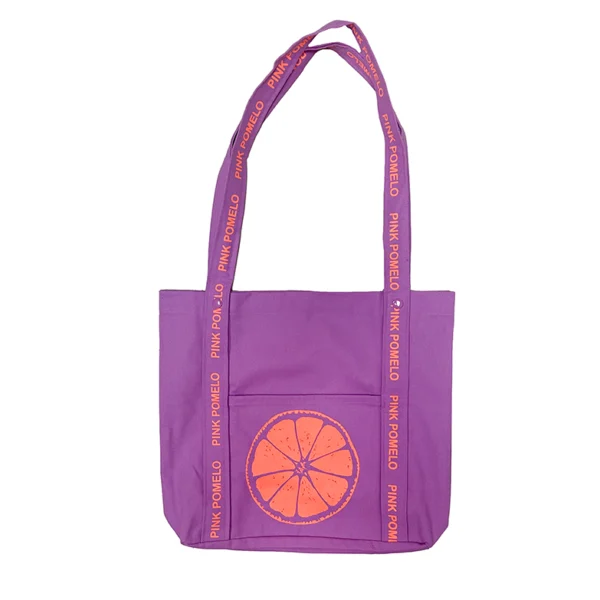 bolso lila con estampado logo en naranja flúor