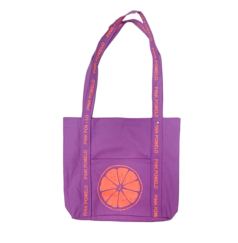 bolso lila con estampado logo en naranja flúor