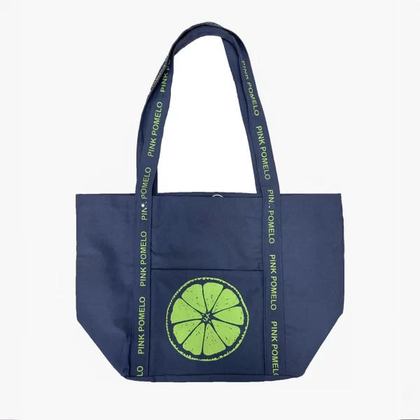 bolso azul con estampado en verde flúor en bolsillo frontal y en asas