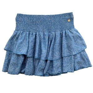 falda pantalón azul estampado crudo con cintura fruncida con gomas elásticas y dos volantes
