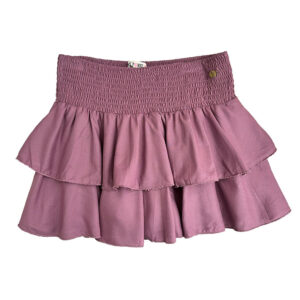 falda pantalón con cintura de nido de abeja, con dos volantes y short interior en rosa teja