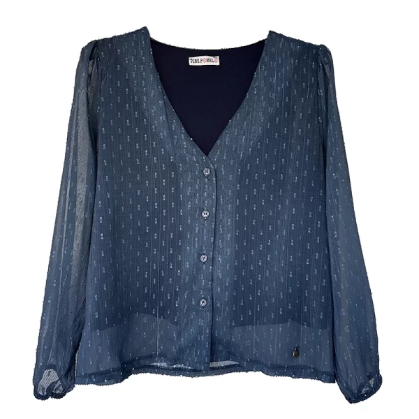 Blusa manga larga azul de gasa con plumeti y lúrex a tono. Forro interior en cuerpo. 100% Poliéster. Forro: 95% Viscosa,5% Elastán