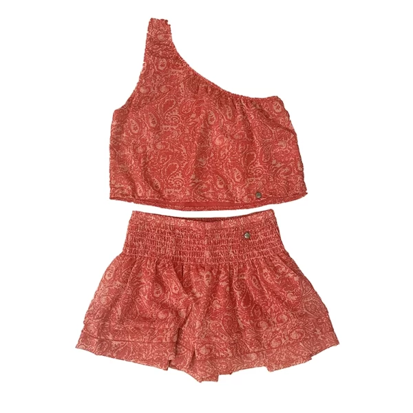 Top y short de gasa sin manga estampado en tonos rojos y naranja con hilos de lúrex a tono y forro interior