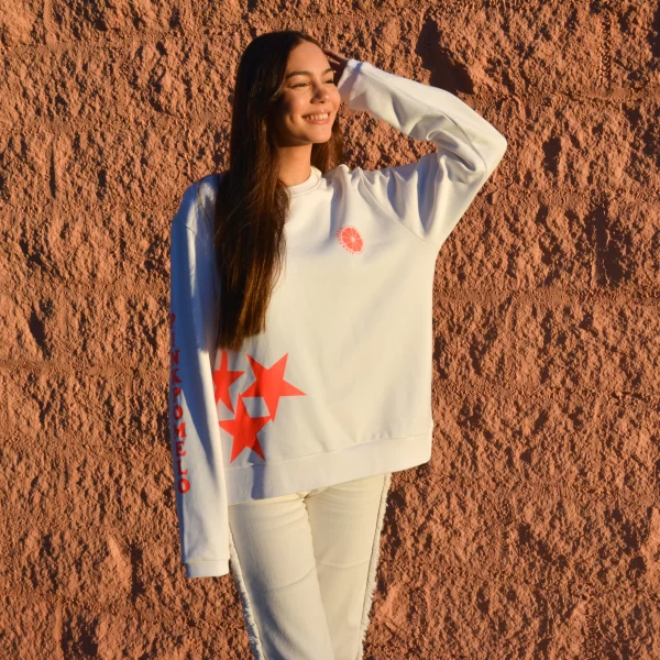 Sudadera Pomelo Estrella  Blanca Print Coral flúor