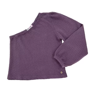 Top de punto manga francesa, con hilos metalizados dorados y manga izquierda larga con goma en puño y escote.