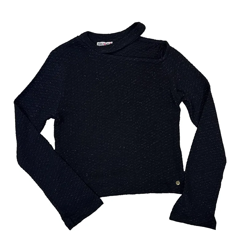 Top de punto con hilos metalizados dorados con cuello choker y abertura en hombro izquierdo