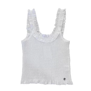 Top Fruncido sin mangas con volante en escote frontal y tirantes. 100% Viscosa