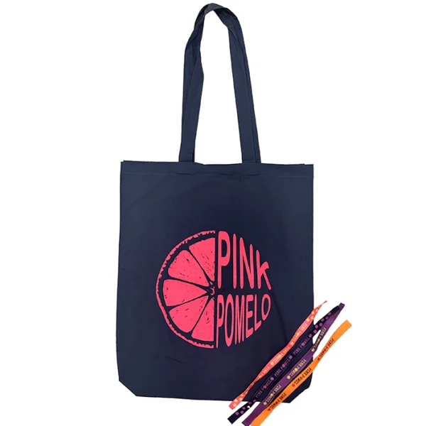 tote bag azul con print rosa fluor y 4 pulseras personalizadas pink pomelo