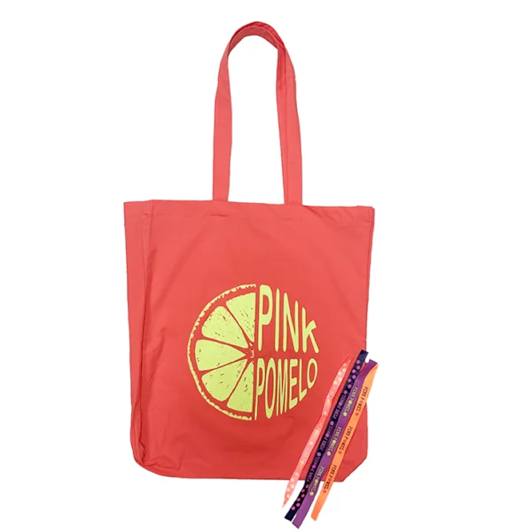tote bag coral con print amarillo fluor y 4 pulseras personalizadas pink pomelo