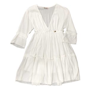 vestido blanco ibicenco corto con mangas 3/4 y forro interior. Escote pico